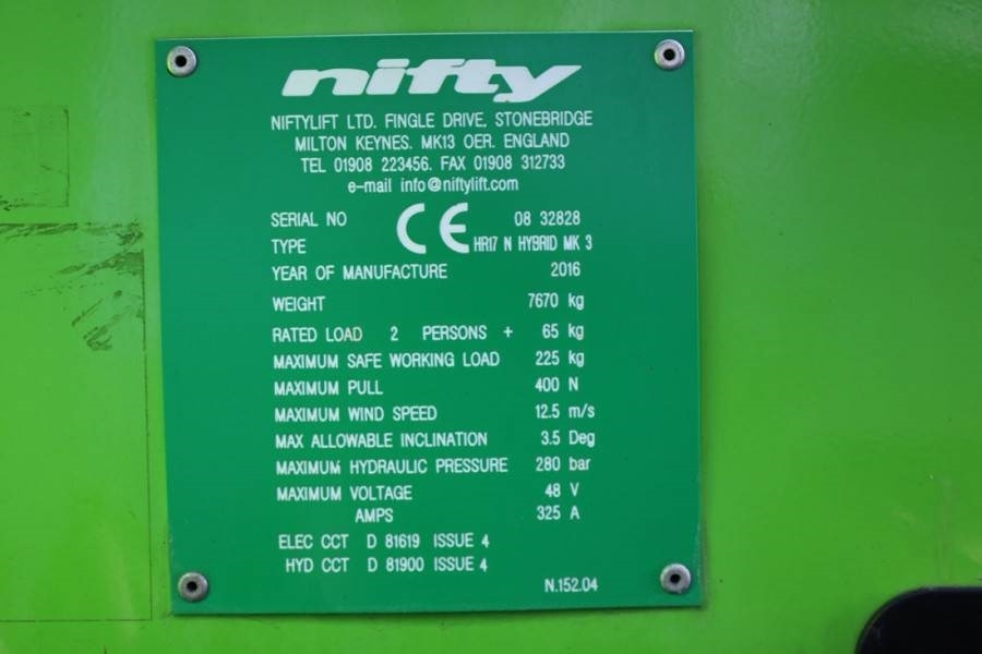Zglobni krak Niftylift HR17N HYBRID MK3 Hybrid Battery & Diesel, 17m Work: slika Zglobni krak Niftylift HR17N HYBRID MK3 Hybrid Battery & Diesel, 17m Work