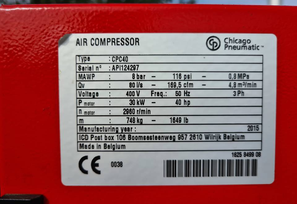 Zračni kompresor Kompresor śrubowy Chicago Pneumatic CPC 40 30 kw, Atlas Copco: slika Zračni kompresor Kompresor śrubowy Chicago Pneumatic CPC 40 30 kw, Atlas Copco