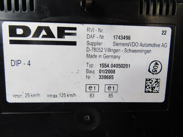 DAF XF 105 CLOCK CLUSTER P/NO 1743496 - Električni sustav za Kamion: slika DAF XF 105 CLOCK CLUSTER P/NO 1743496 - Električni sustav za Kamion DAF XF 105 CLOCK CLUSTER P/NO 1743496 - Električni sustav za Kamion: slika DAF XF 105 CLOCK CLUSTER P/NO 1743496 - Električni sustav za Kamion