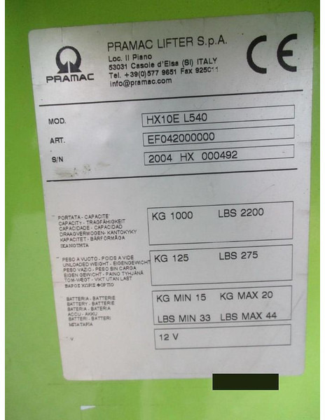 Paletni viličar Pramac HX10E-L540: slika Paletni viličar Pramac HX10E-L540 Paletni viličar Pramac HX10E-L540: slika Paletni viličar Pramac HX10E-L540