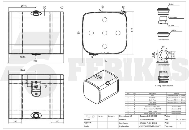 Novi Spremnik goriva za Kamion Scania New aluminum fuel tank 350L: slika Novi Spremnik goriva za Kamion Scania New aluminum fuel tank 350L