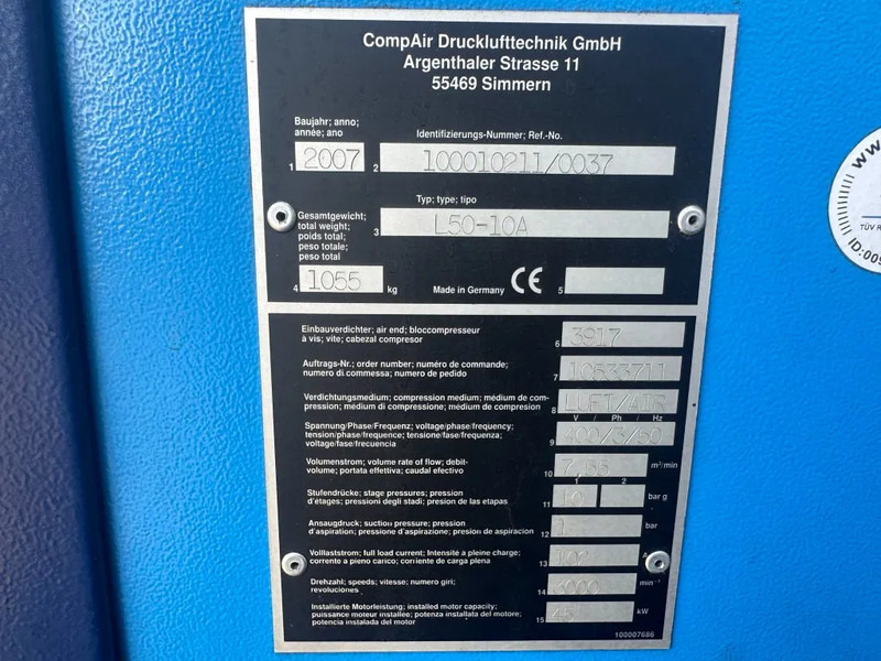 Compair L50 - 10A 45 kW 7.55 m3 / min 10 Bar Elektrische Schroefcompressor - Zračni kompresor: slika Compair L50 - 10A 45 kW 7.55 m3 / min 10 Bar Elektrische Schroefcompressor - Zračni kompresor Compair L50 - 10A 45 kW 7.55 m3 / min 10 Bar Elektrische Schroefcompressor - Zračni kompresor: slika Compair L50 - 10A 45 kW 7.55 m3 / min 10 Bar Elektrische Schroefcompressor - Zračni kompresor