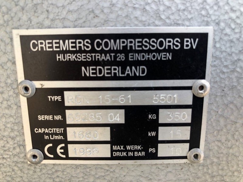 Creemers RCN 15-61 15 kW 1660 Liter/min 15 bar schroefcompressor - Zračni kompresor: slika Creemers RCN 15-61 15 kW 1660 Liter/min 15 bar schroefcompressor - Zračni kompresor Creemers RCN 15-61 15 kW 1660 Liter/min 15 bar schroefcompressor - Zračni kompresor: slika Creemers RCN 15-61 15 kW 1660 Liter/min 15 bar schroefcompressor - Zračni kompresor