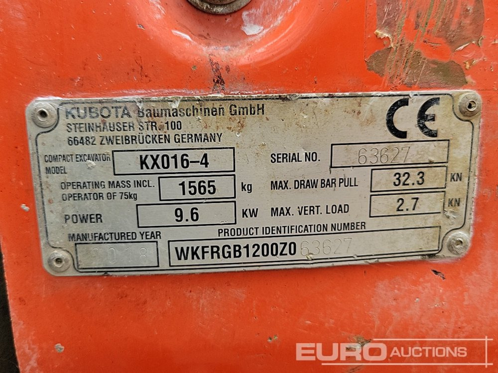 Mini bager 2018 Kubota KX016-4: slika Mini bager 2018 Kubota KX016-4