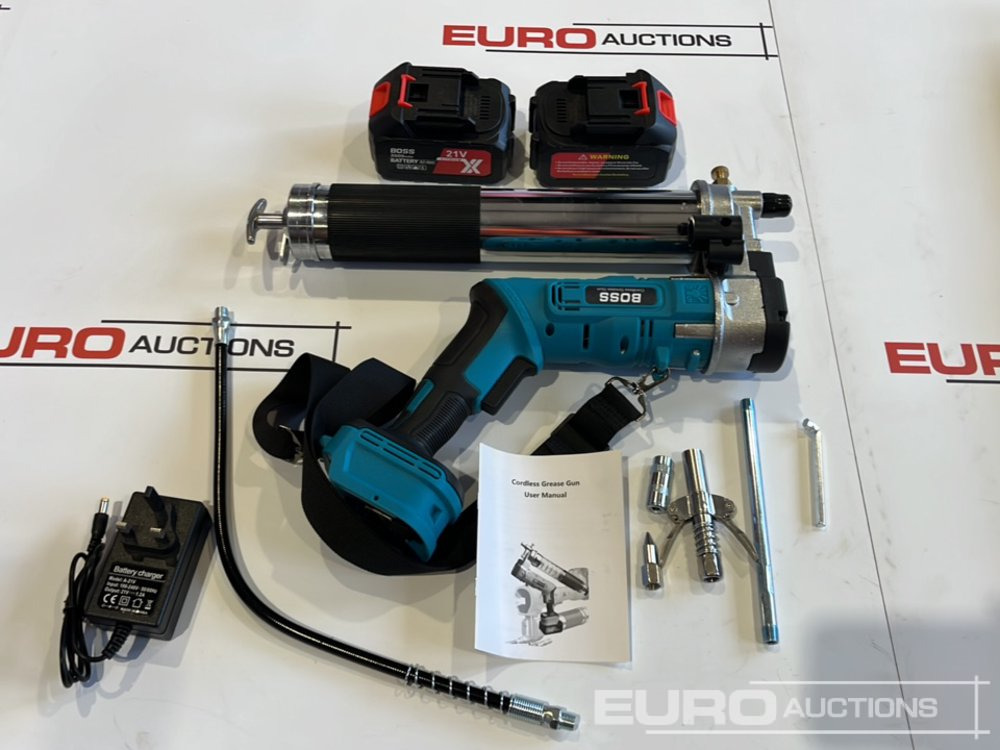 Oprema za radionice Unused Boss 21 Volt Lithium Battery Cordless Grease Gun, 2 Batteries, Case, Shoulder Strap, Extension Pieces & Fittings: slika Oprema za radionice Unused Boss 21 Volt Lithium Battery Cordless Grease Gun, 2 Batteries, Case, Shoulder Strap, Extension Pieces & Fittings