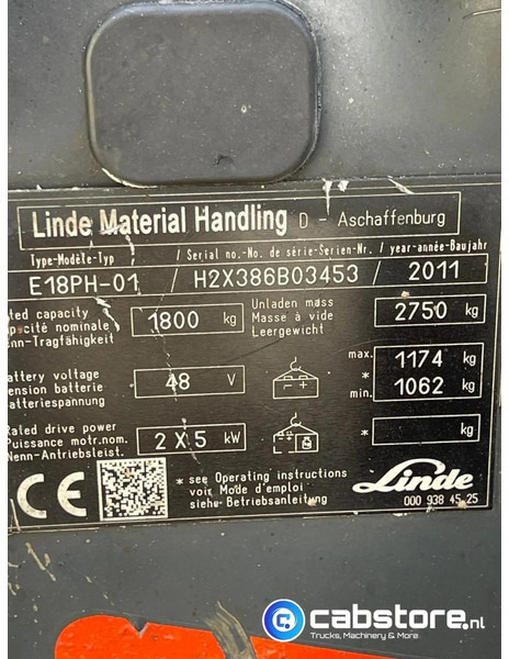 Viličar Linde E18PH-01 Elektrische hef truck - Electric Forklift - Year 2011- Side shift - Vorkverstelling: slika Viličar Linde E18PH-01 Elektrische hef truck - Electric Forklift - Year 2011- Side shift - Vorkverstelling